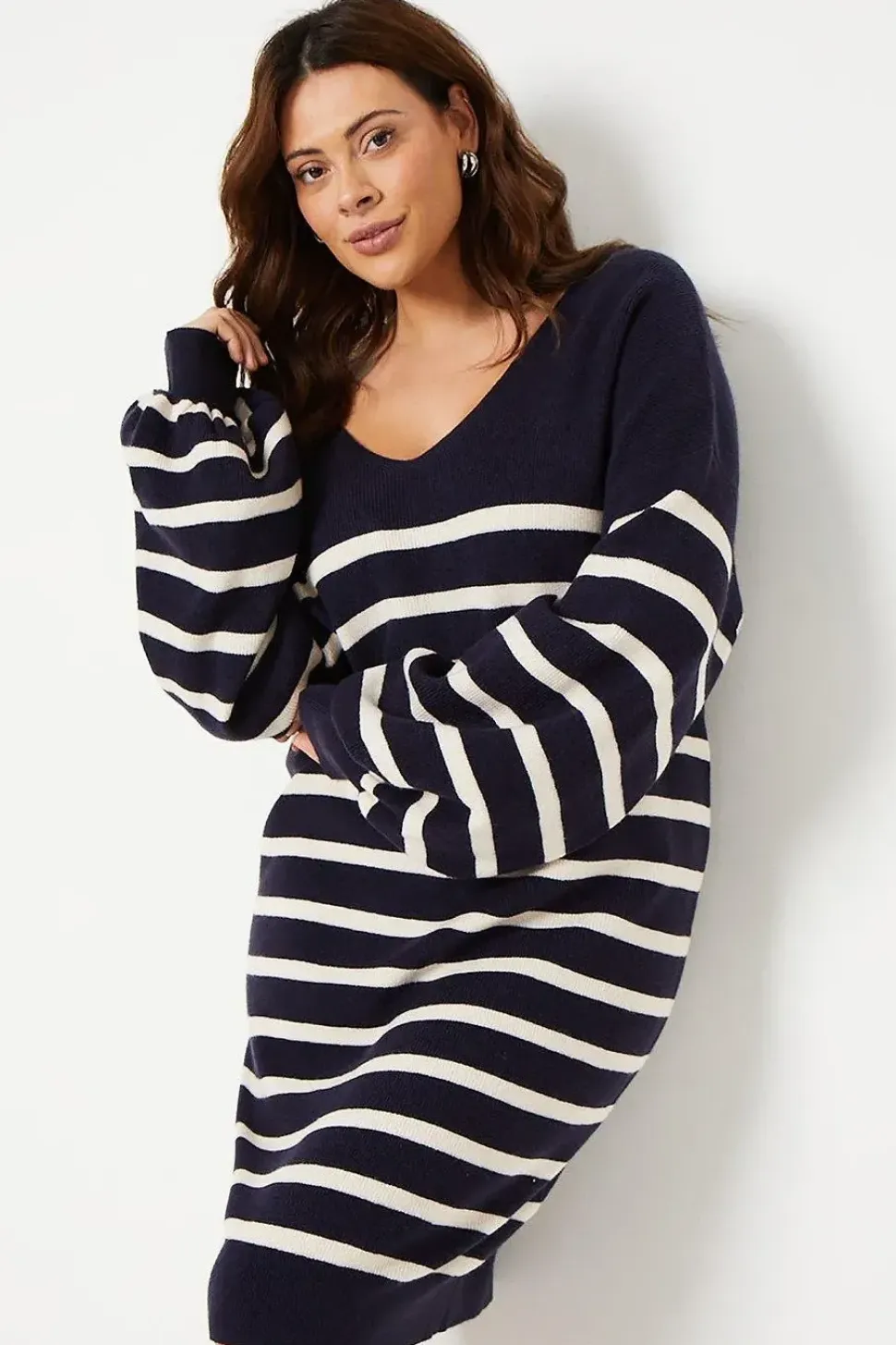 Curve Stripe Stitch Detail Longline V Neck Jumper Dress