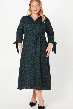 Curve Tie Sleeve Midi Shirt Dress Animal Print