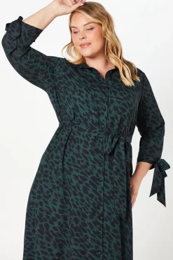 Curve Tie Sleeve Midi Shirt Dress Animal Print