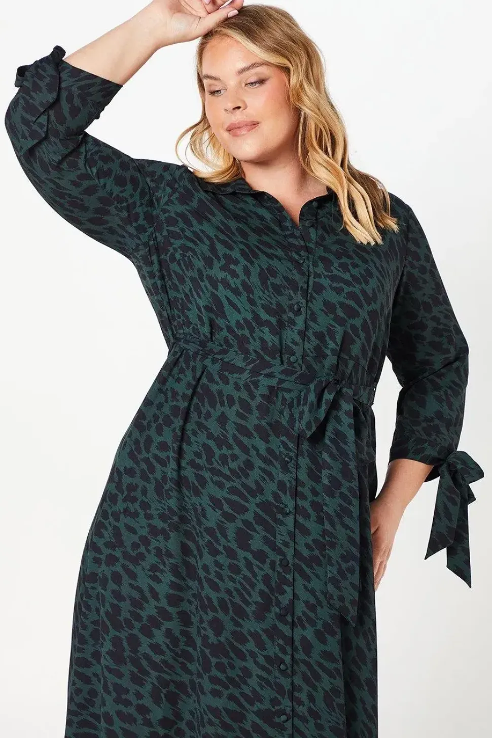 Curve Tie Sleeve Midi Shirt Dress Animal Print