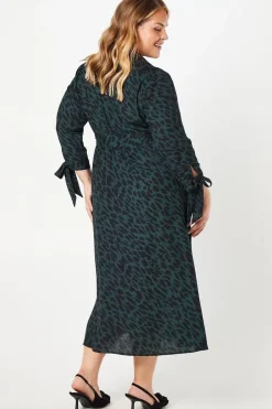 Curve Tie Sleeve Midi Shirt Dress Animal Print
