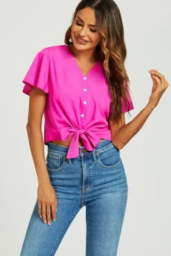Cute Tie Knot Front Buttoned Crop T Shirt Top In Fuchsia Pink