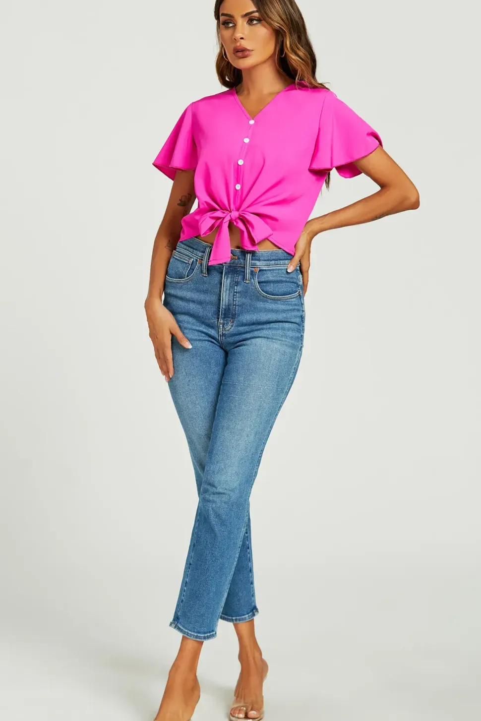 Cute Tie Knot Front Buttoned Crop T Shirt Top In Fuchsia Pink