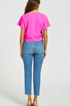 Cute Tie Knot Front Buttoned Crop T Shirt Top In Fuchsia Pink
