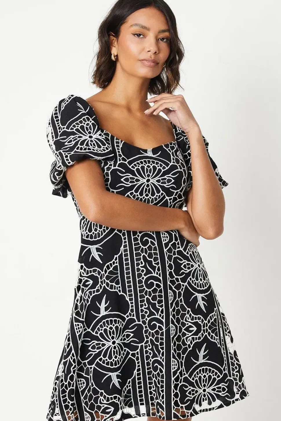 Cutwork Belted Puff Sleeve Mini Dress