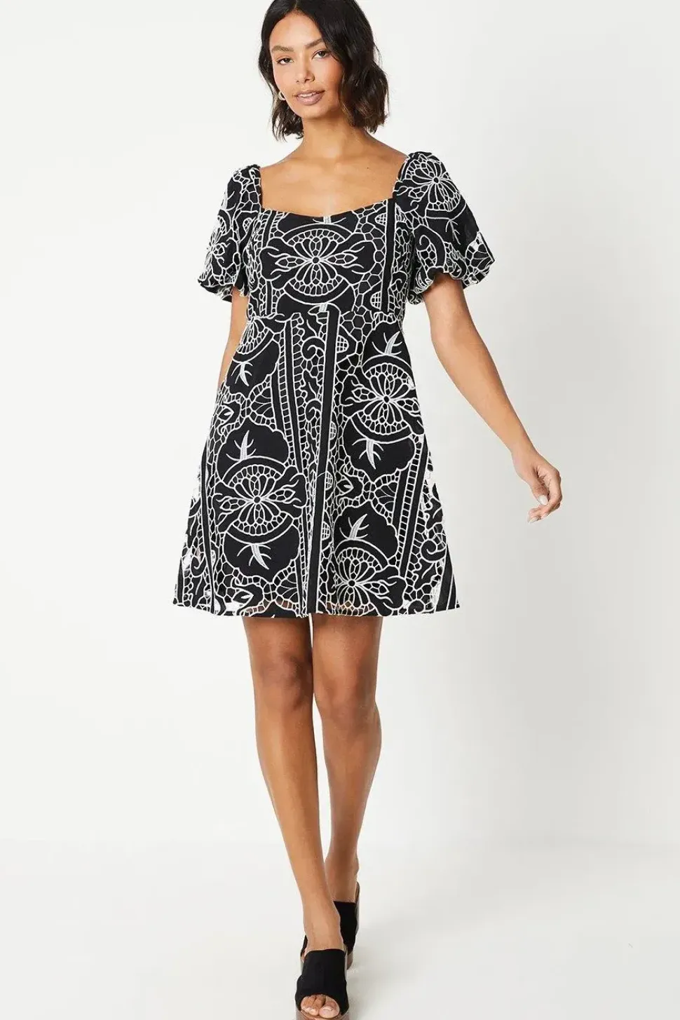 Cutwork Belted Puff Sleeve Mini Dress