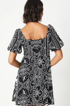 Cutwork Belted Puff Sleeve Mini Dress