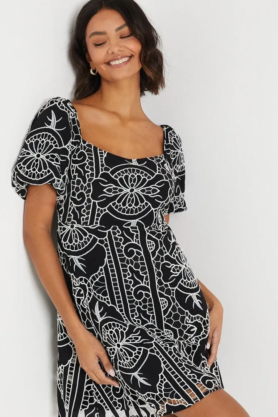 Cutwork Belted Puff Sleeve Mini Dress