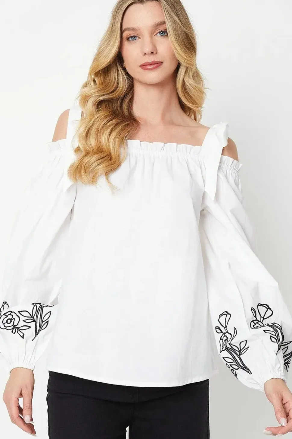 Cutwork Sleeve Poplin Tie Shoulder Top
