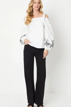 Cutwork Sleeve Poplin Tie Shoulder Top