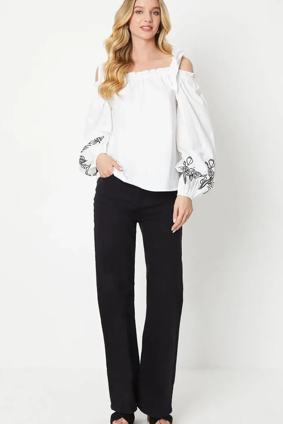 Cutwork Sleeve Poplin Tie Shoulder Top