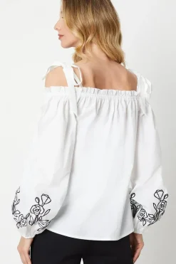 Cutwork Sleeve Poplin Tie Shoulder Top