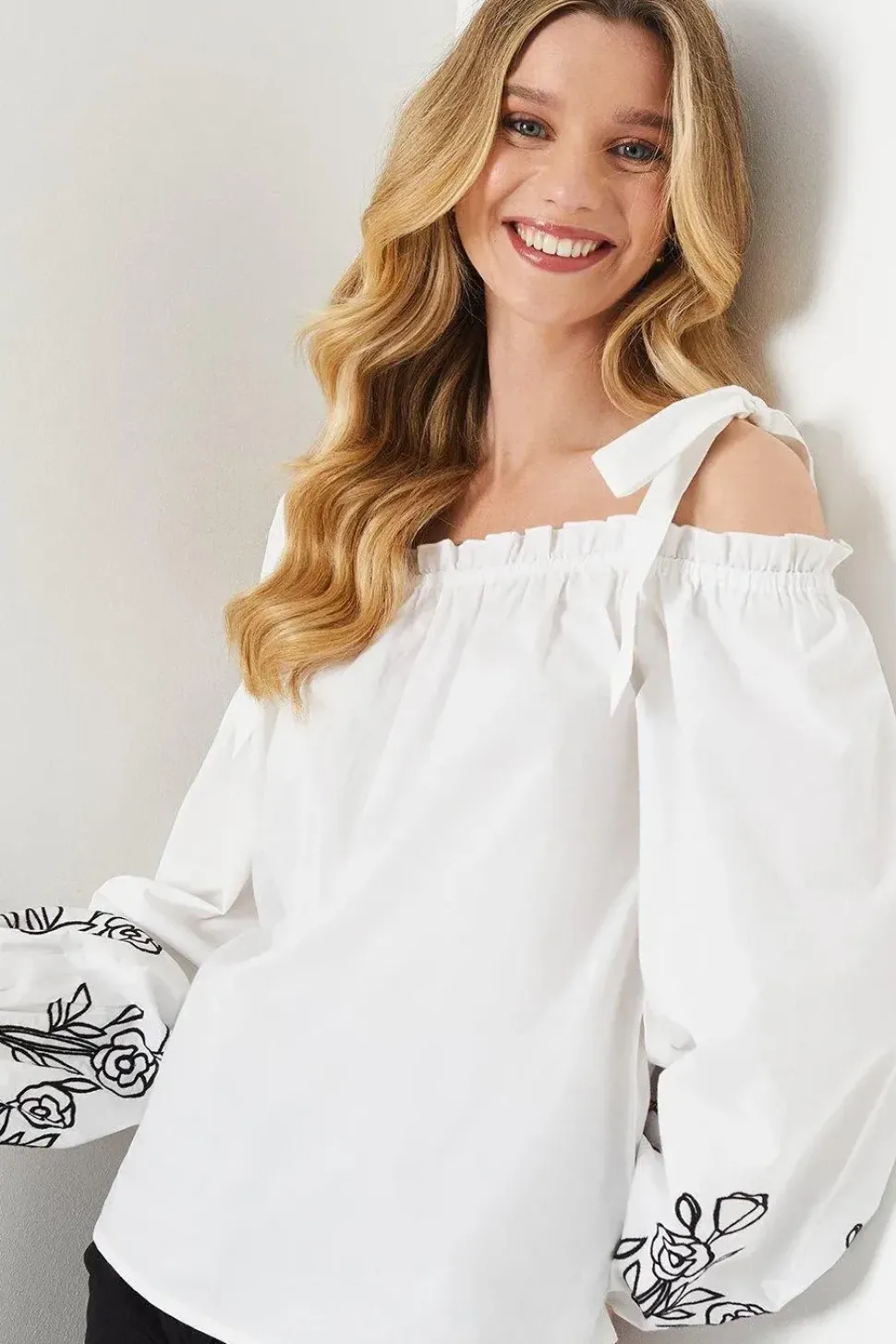 Cutwork Sleeve Poplin Tie Shoulder Top