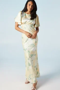 Dahlia Printed Angel Sleeve Satin Bridesmaid Dress