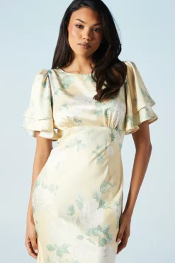 Dahlia Printed Angel Sleeve Satin Bridesmaid Dress