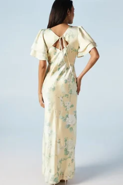 Dahlia Printed Angel Sleeve Satin Bridesmaid Dress
