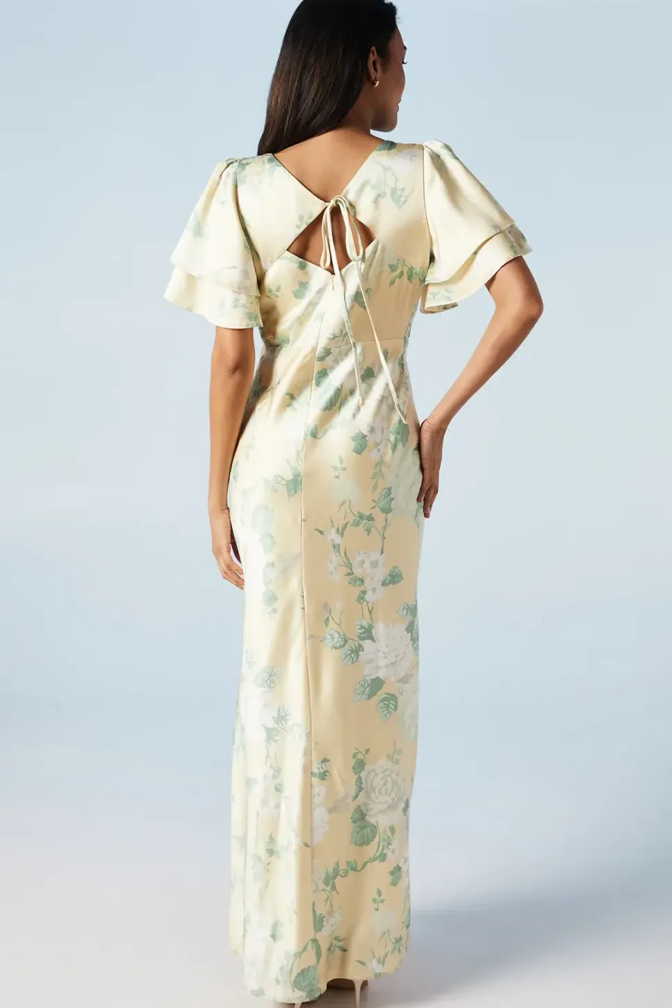 Dahlia Printed Angel Sleeve Satin Bridesmaid Dress