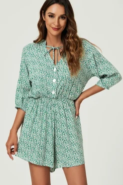 Daisy Floral Print Boho Playsuit With Buttons In Green