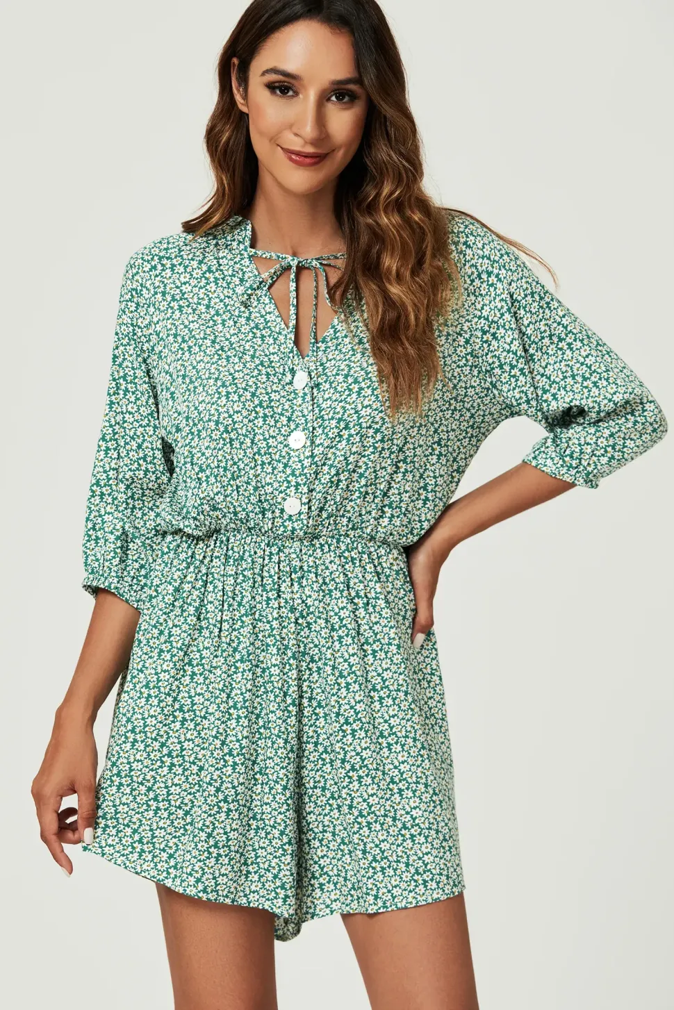 Daisy Floral Print Boho Playsuit With Buttons In Green