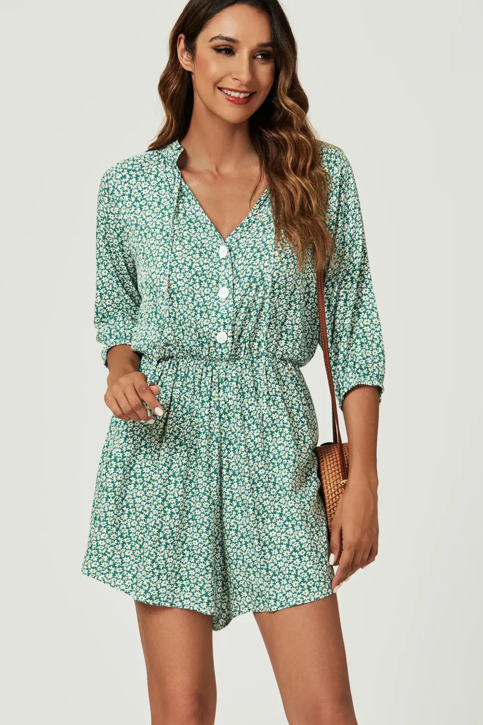 Daisy Floral Print Boho Playsuit With Buttons In Green