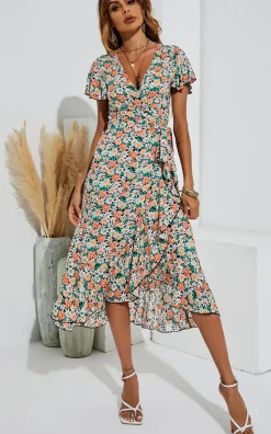 Daisy Floral Print Wrap Hem Midi Dress In Black