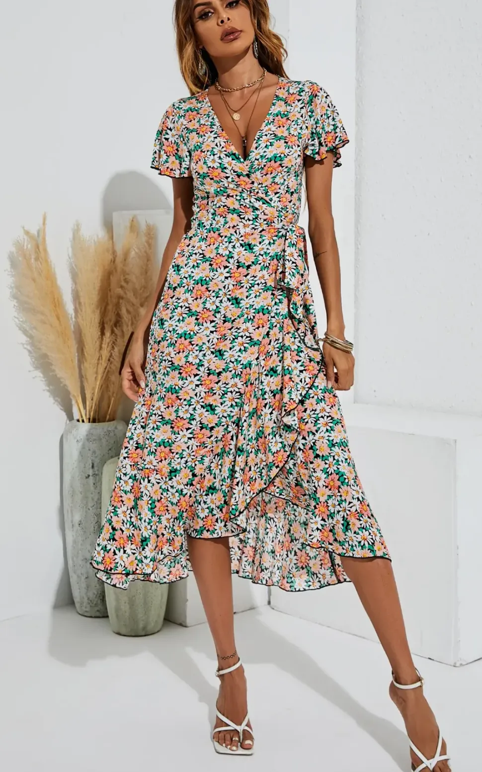 Daisy Floral Print Wrap Hem Midi Dress In Black