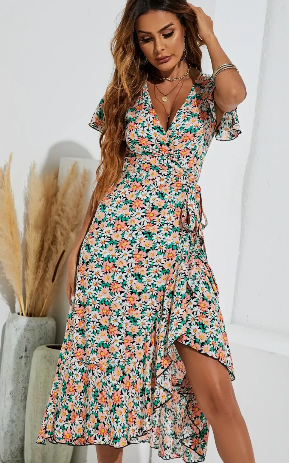 Daisy Floral Print Wrap Hem Midi Dress In Black