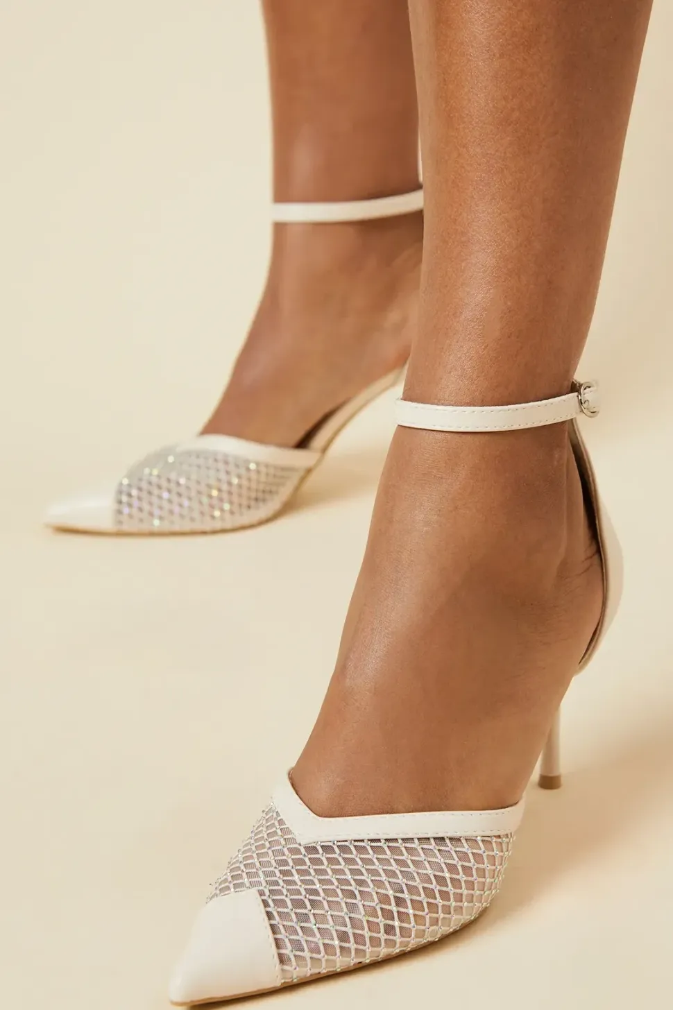 Dallet Mesh Diamante Ankle Strap Stiletto Court Shoe