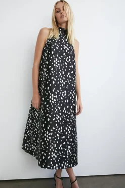 Dalmatian Print Satin Twill Bow Back A Line Midi Dress