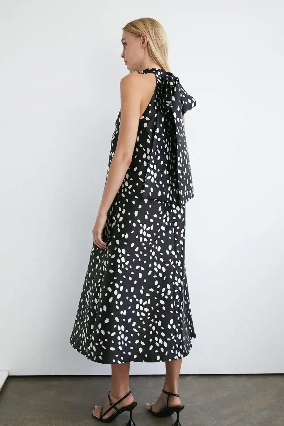 Dalmatian Print Satin Twill Bow Back A Line Midi Dress