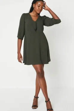Dark Khaki Tie Front Mini 3/4 Sleeve