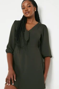 Dark Khaki Tie Front Mini 3/4 Sleeve