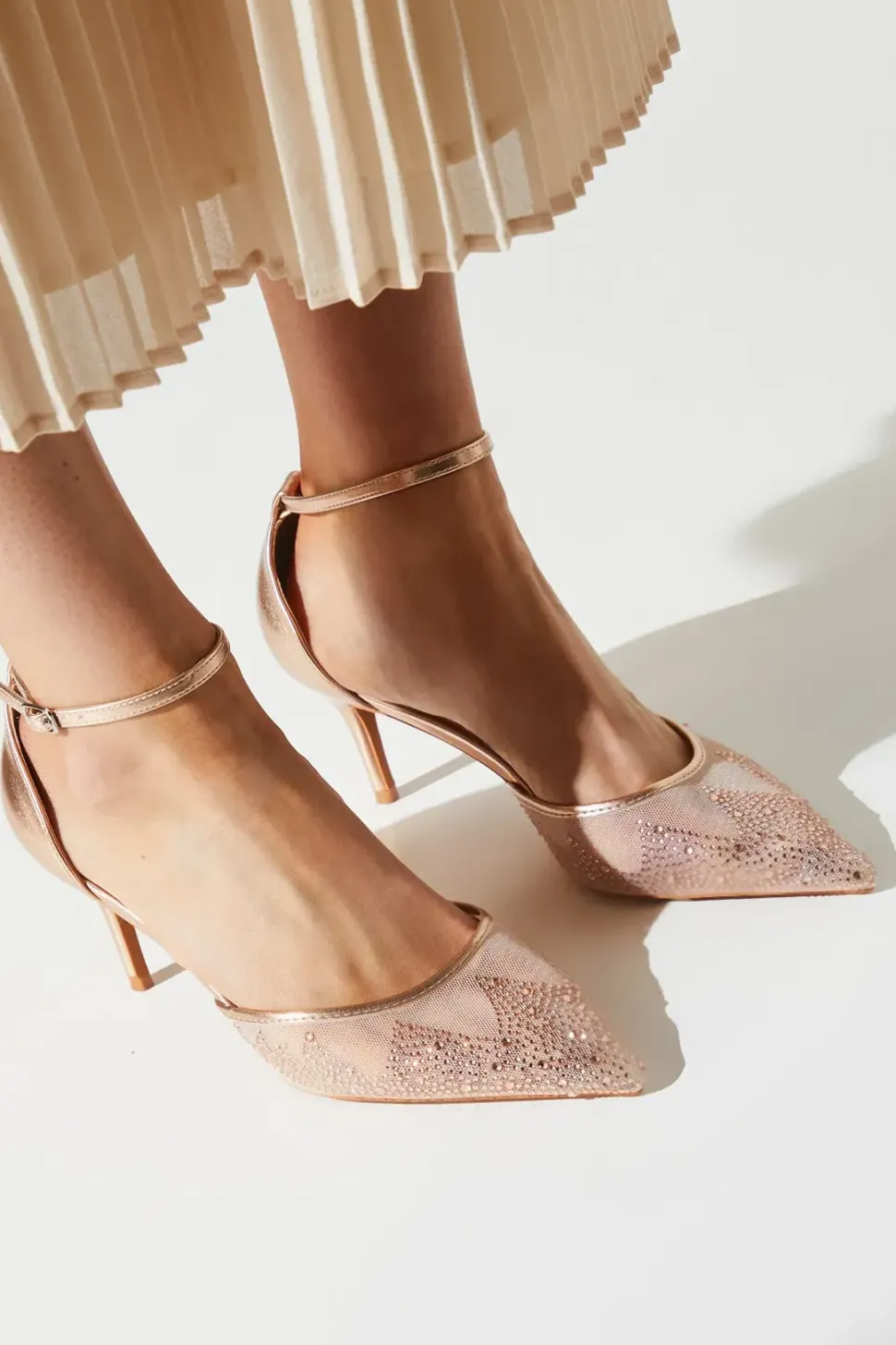 Darla Diamante Mesh Ankle Strap Stiletto Court Shoes