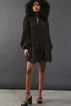 3d Chiffon Tie Neck Mini Smock Dress