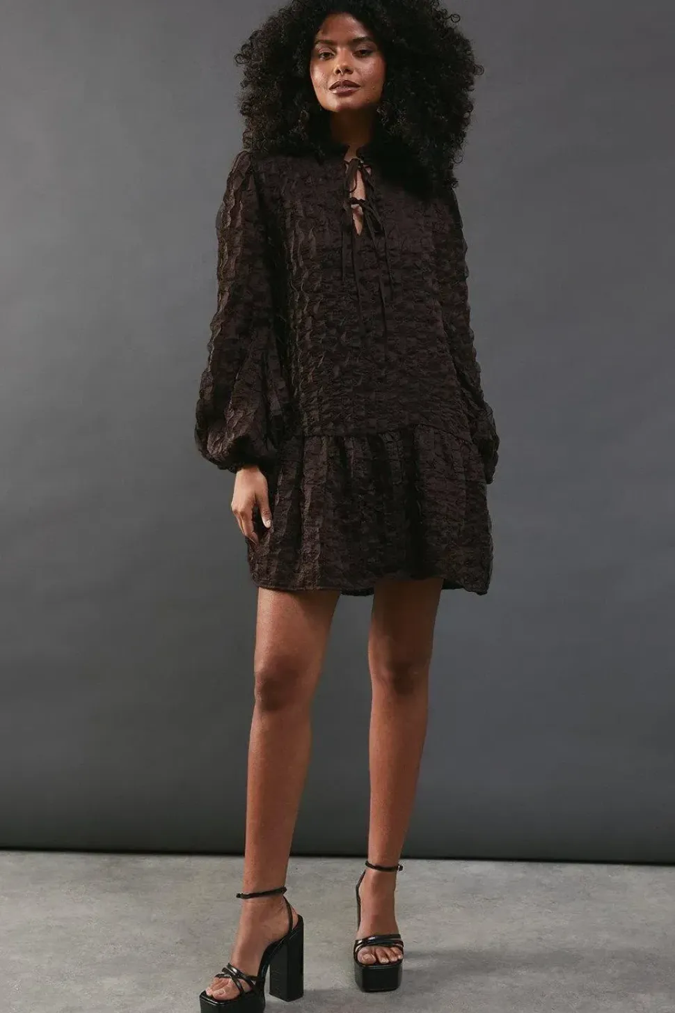 3d Chiffon Tie Neck Mini Smock Dress