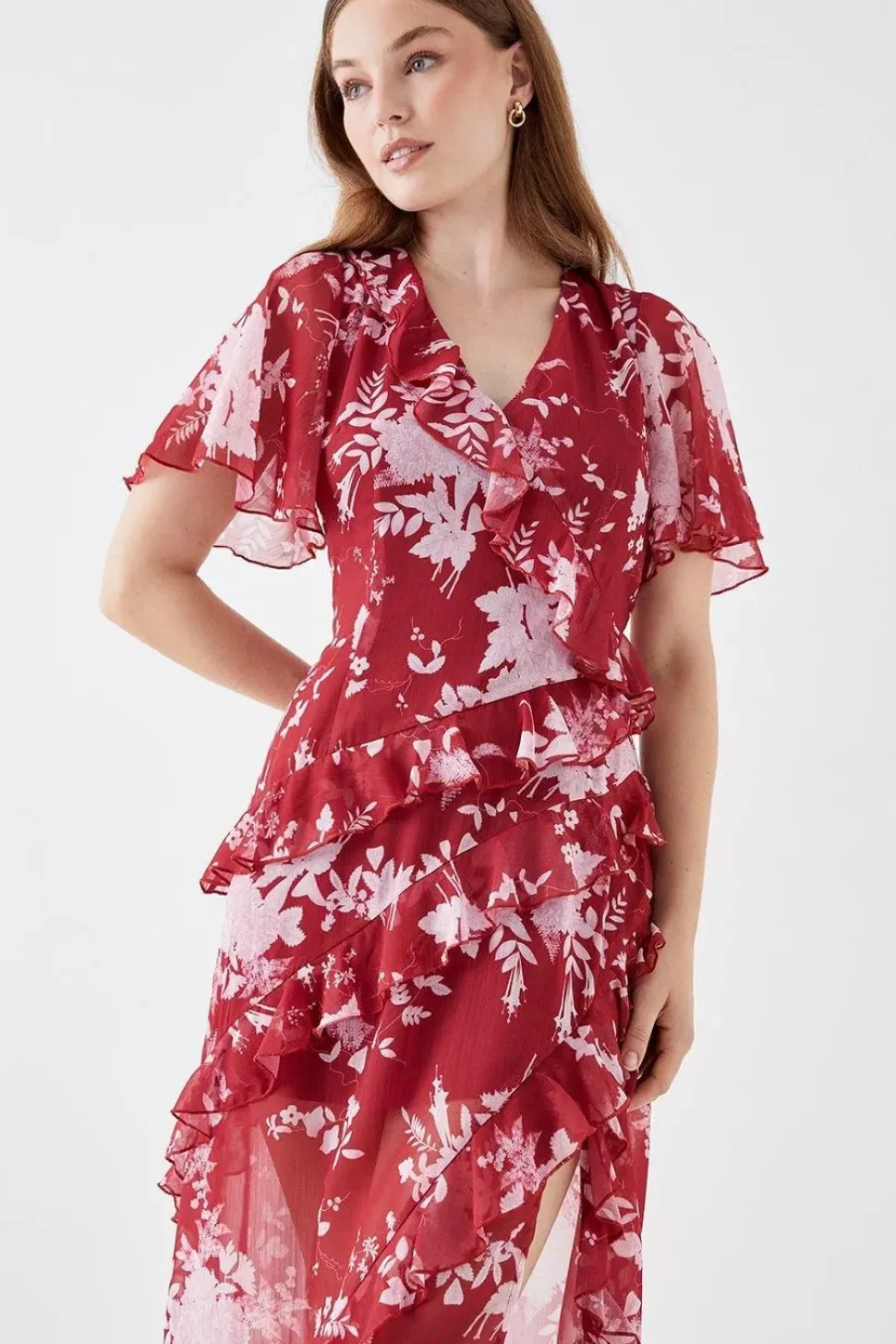 Debut London by Coast Bias Cut Ruffle Angel Sleeve Midi Dress