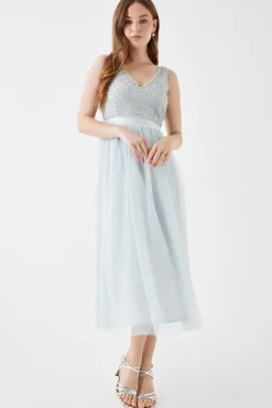 Debut London by Coast Circle Embellished Bodice Mesh Midi Dress
