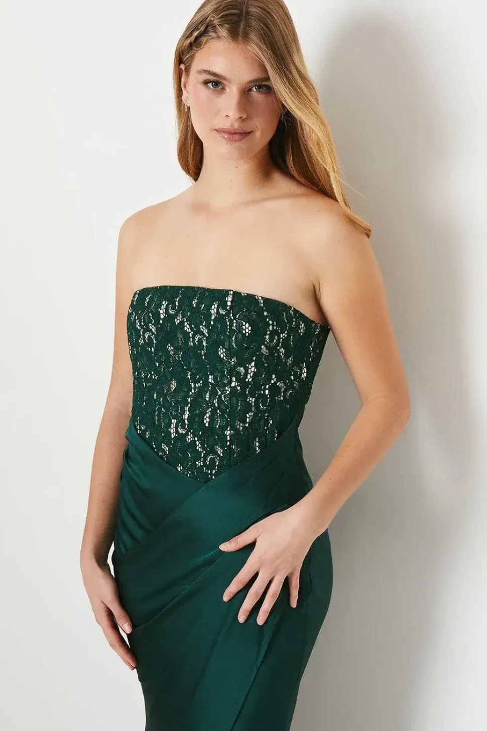 Debut London by Coast Corset Lace Bodice Satin Drape Skirt Prom Dress