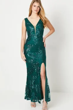 Debut London by Coast Embroidered Sequin Mesh Plunge Prom Dress