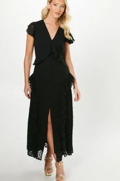 Debut London By Coast Flutter Sleeve Dobby Mesh Button Through Midi Dress
