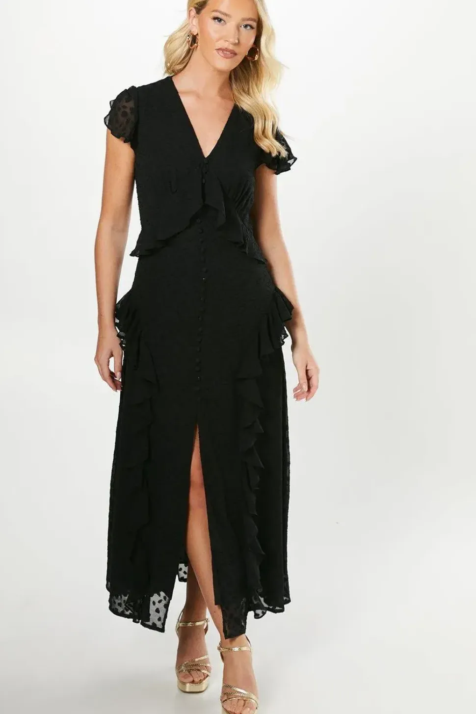 Debut London By Coast Flutter Sleeve Dobby Mesh Button Through Midi Dress