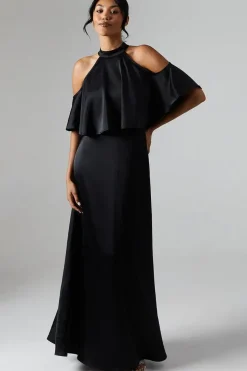 Debut London by Coast Halterneck Cold Shoulder Satin Bridesmaids Maxi Dress