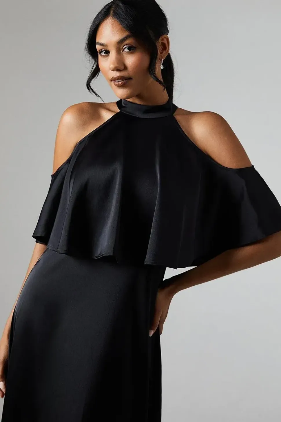 Debut London by Coast Halterneck Cold Shoulder Satin Bridesmaids Maxi Dress