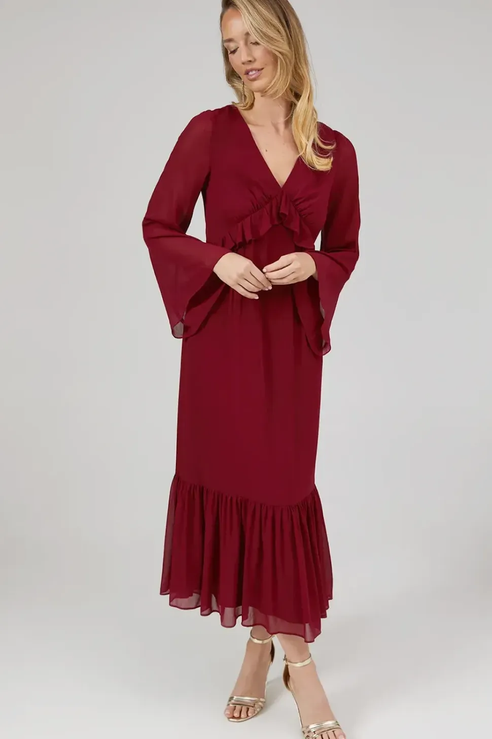 Debut London By Coast Kimono Sleeve Tiered Hem Georgette Midi Dress