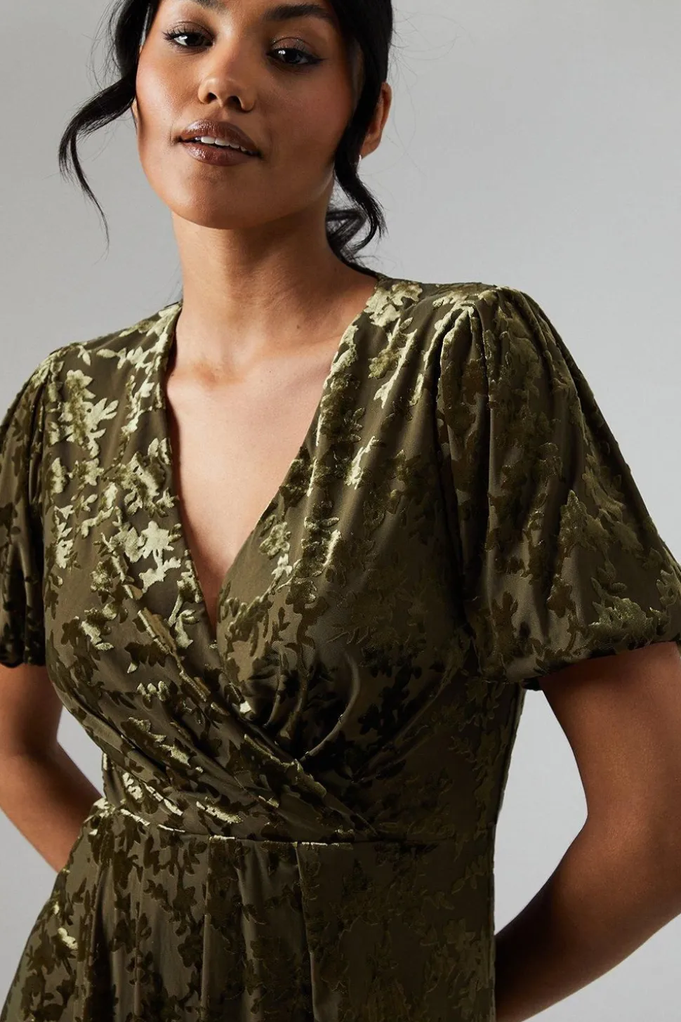 Debut London By Coast Puff Sleeve Wrap Skirt Devore Midi Dress