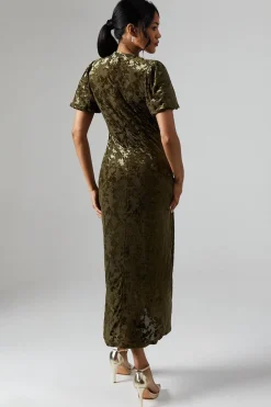 Debut London By Coast Puff Sleeve Wrap Skirt Devore Midi Dress