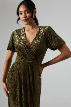 Debut London By Coast Puff Sleeve Wrap Skirt Devore Midi Dress