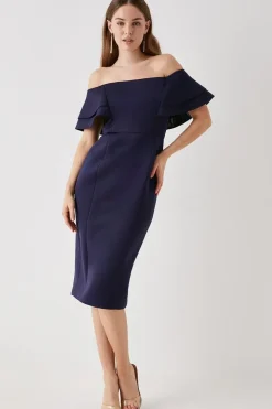 Debut London by Coast Ruffle Scuba Bardot Midi Dress