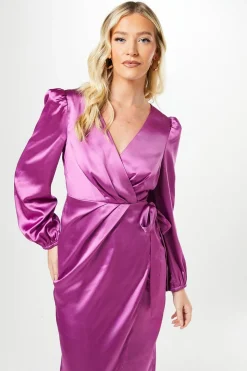 Debut London By Coast Satin Long Sleeve Wrap Midi Dress