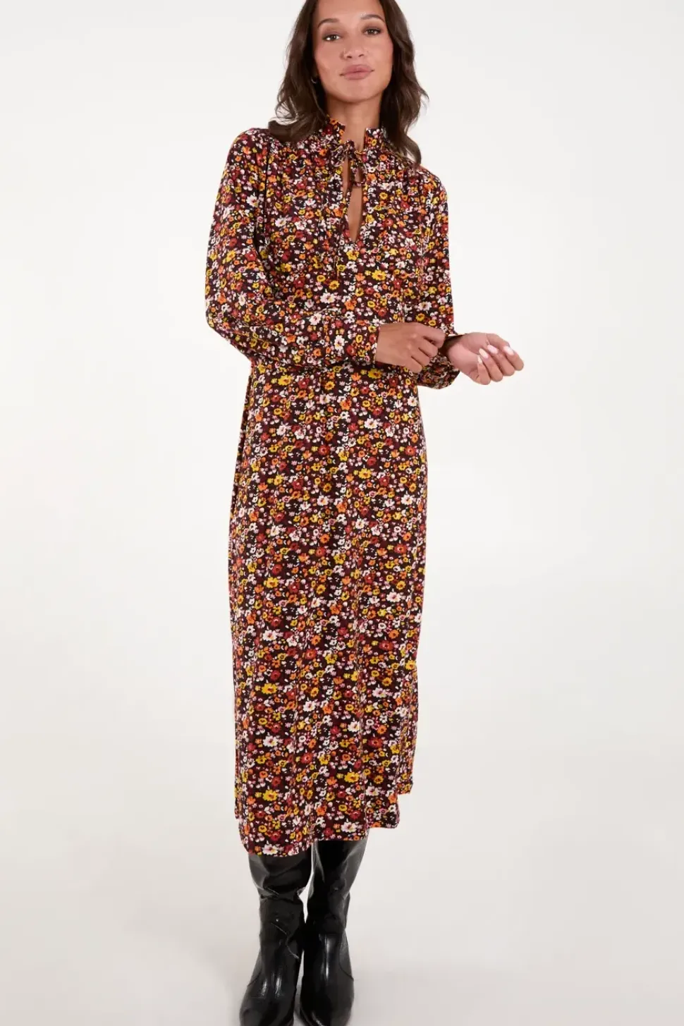 Deep V Tie High Neck Midi Dress